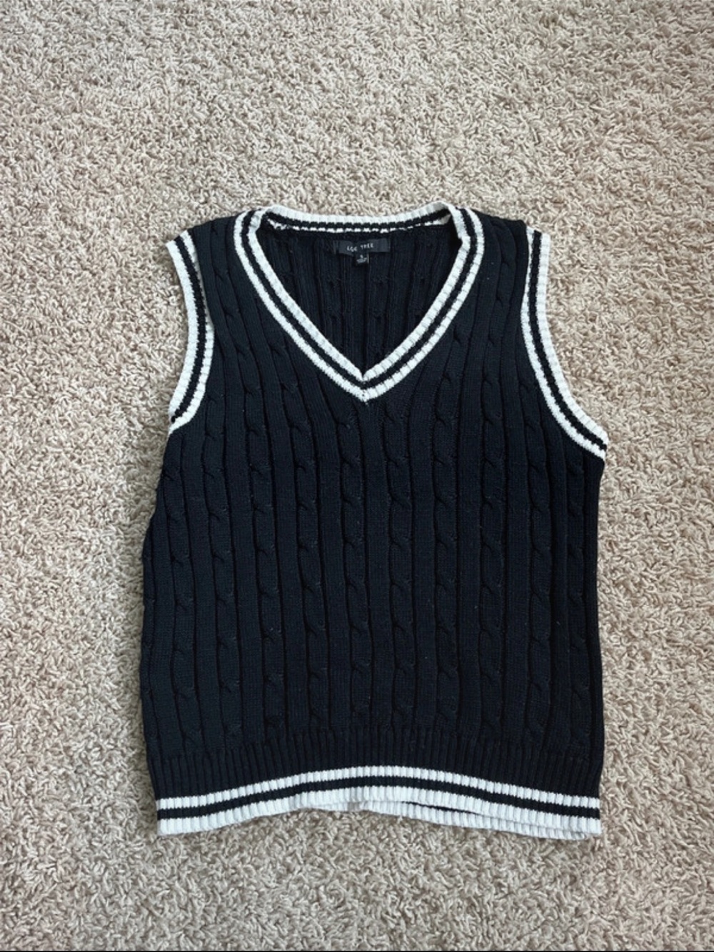 Love Tree Black V-Neck Cable-Knit Sweater Vest with White Trim